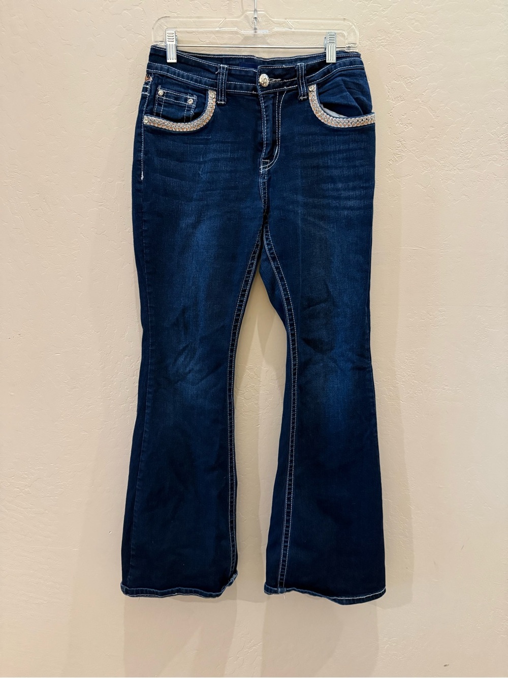 Dark Indigo Flare Jeans with Braided Pocket Detail